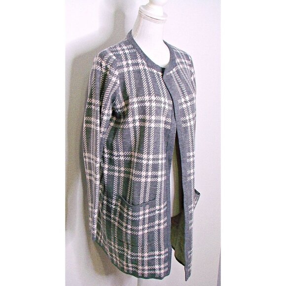 French Connection Womens Long Sweater Gray Pink Plaid Open Cardigan Pockets Sz M - Picture 2 of 9